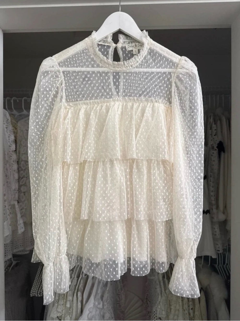 JOLIE & JOY Vanilla Cream Mesh Swiss Dot Bell Sleeve Blouse LARGE